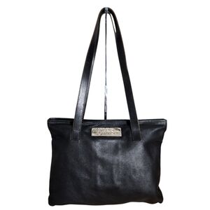 Black Leather Shoulder Tote with Metal Logo Plate